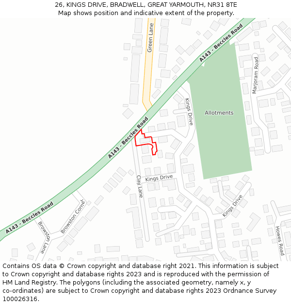 26, KINGS DRIVE, BRADWELL, GREAT YARMOUTH, NR31 8TE: Location map and indicative extent of plot