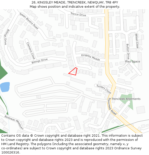 26, KINGSLEY MEADE, TRENCREEK, NEWQUAY, TR8 4PY: Location map and indicative extent of plot