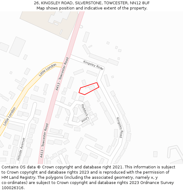 26, KINGSLEY ROAD, SILVERSTONE, TOWCESTER, NN12 8UF: Location map and indicative extent of plot