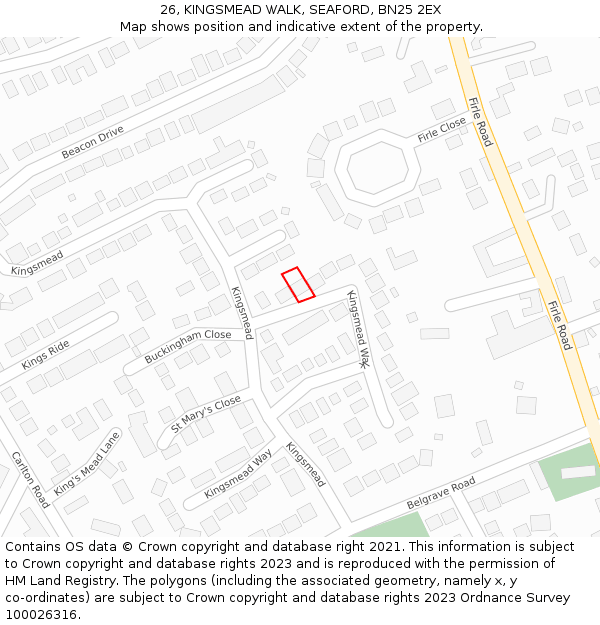 26, KINGSMEAD WALK, SEAFORD, BN25 2EX: Location map and indicative extent of plot