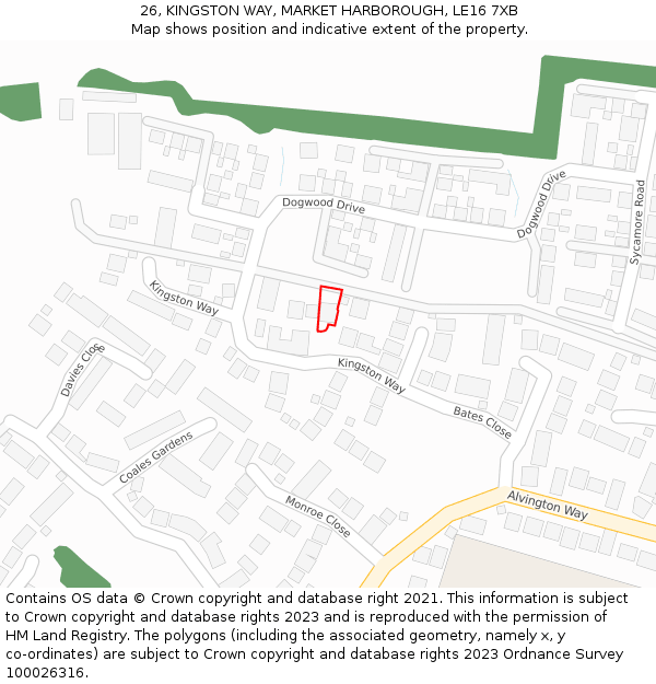 26, KINGSTON WAY, MARKET HARBOROUGH, LE16 7XB: Location map and indicative extent of plot