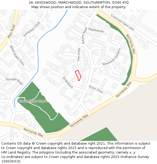 26, KINGSWOOD, MARCHWOOD, SOUTHAMPTON, SO40 4YQ: Location map and indicative extent of plot