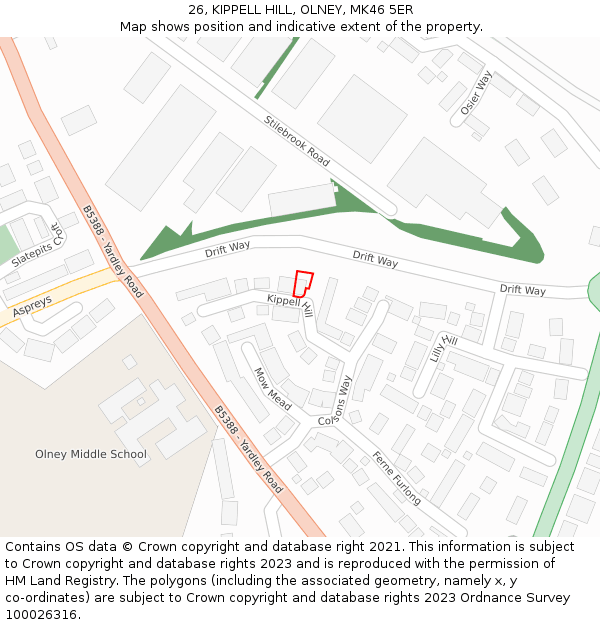 26, KIPPELL HILL, OLNEY, MK46 5ER: Location map and indicative extent of plot