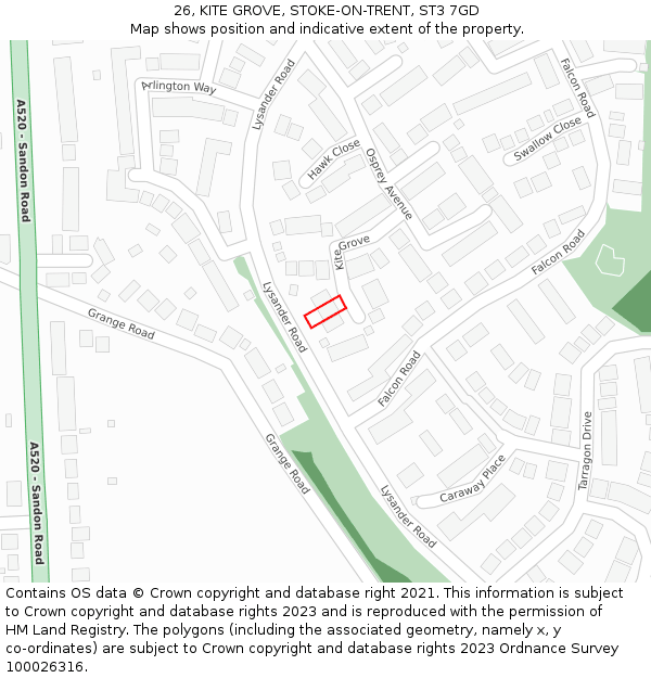 26, KITE GROVE, STOKE-ON-TRENT, ST3 7GD: Location map and indicative extent of plot