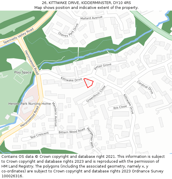 26, KITTIWAKE DRIVE, KIDDERMINSTER, DY10 4RS: Location map and indicative extent of plot