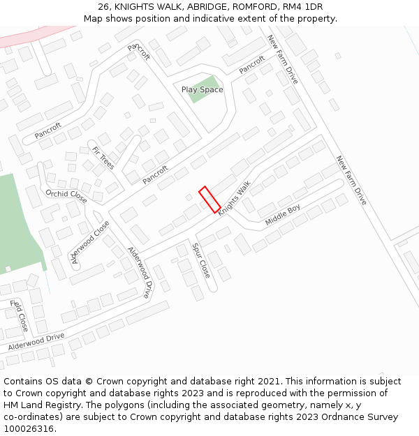 26, KNIGHTS WALK, ABRIDGE, ROMFORD, RM4 1DR: Location map and indicative extent of plot