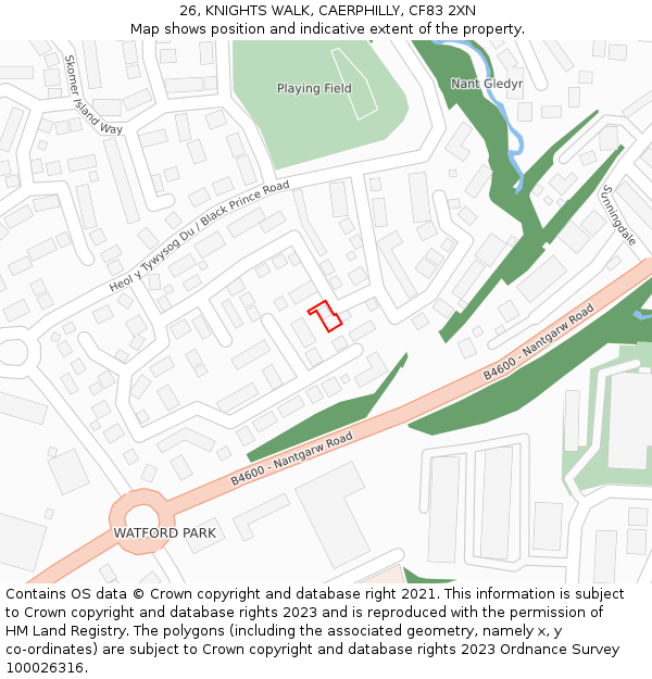 26, KNIGHTS WALK, CAERPHILLY, CF83 2XN: Location map and indicative extent of plot