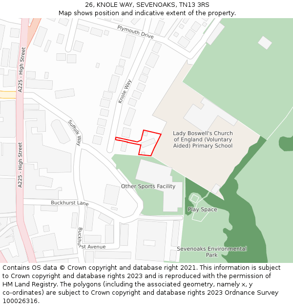 26, KNOLE WAY, SEVENOAKS, TN13 3RS: Location map and indicative extent of plot