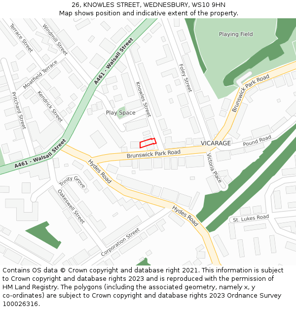 26, KNOWLES STREET, WEDNESBURY, WS10 9HN: Location map and indicative extent of plot