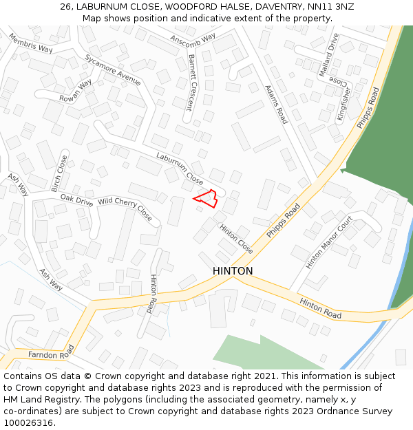 26, LABURNUM CLOSE, WOODFORD HALSE, DAVENTRY, NN11 3NZ: Location map and indicative extent of plot