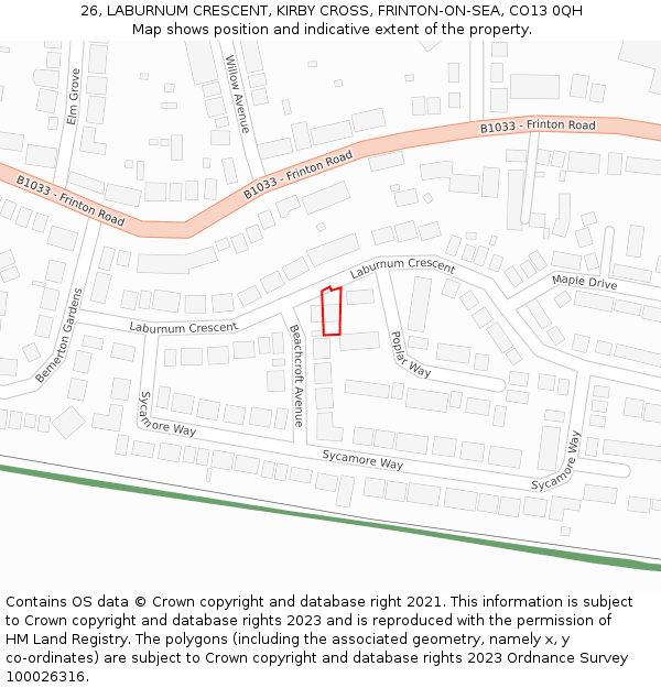 26, LABURNUM CRESCENT, KIRBY CROSS, FRINTON-ON-SEA, CO13 0QH: Location map and indicative extent of plot