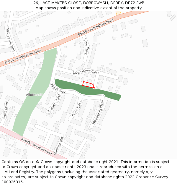 26, LACE MAKERS CLOSE, BORROWASH, DERBY, DE72 3WR: Location map and indicative extent of plot