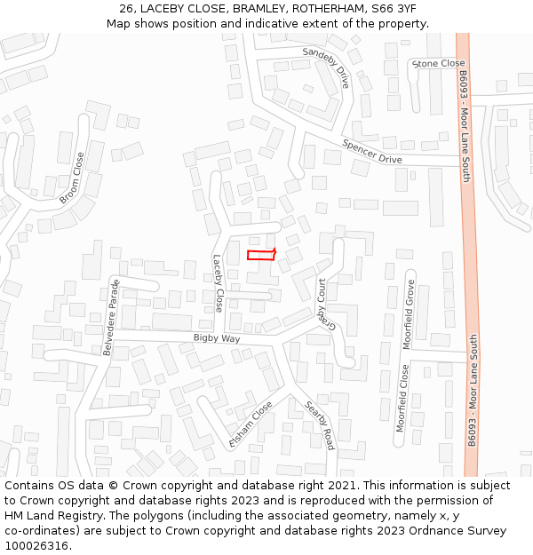 26, LACEBY CLOSE, BRAMLEY, ROTHERHAM, S66 3YF: Location map and indicative extent of plot