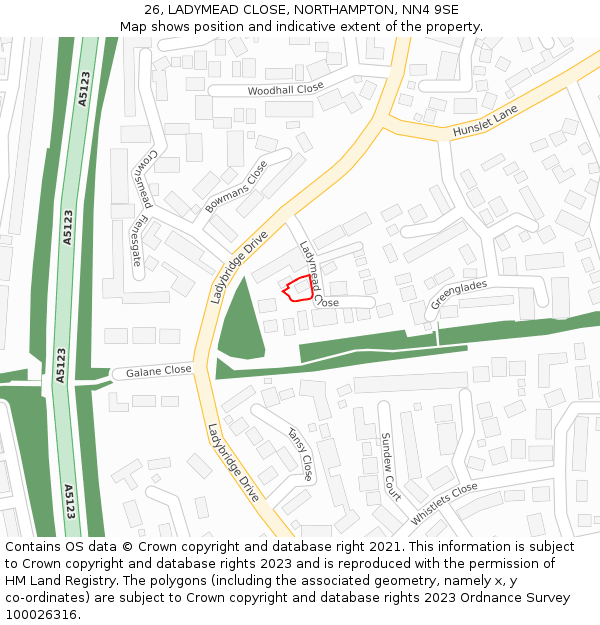 26, LADYMEAD CLOSE, NORTHAMPTON, NN4 9SE: Location map and indicative extent of plot