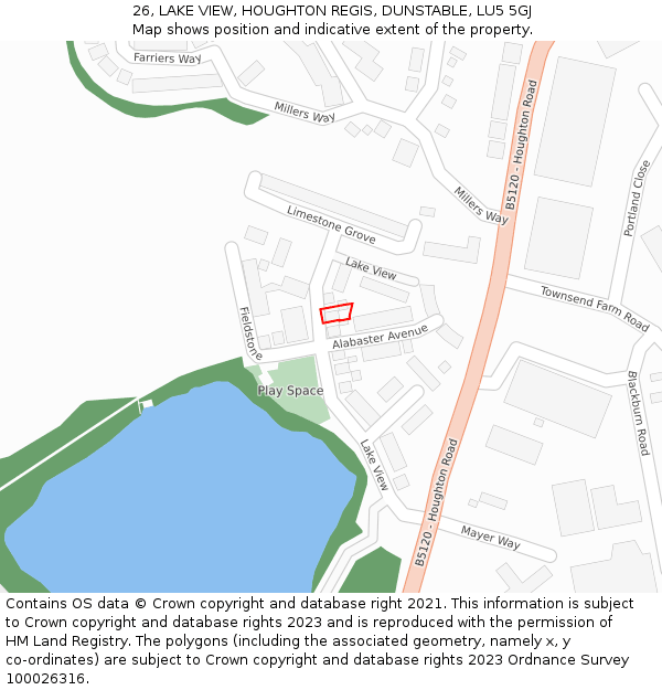 26, LAKE VIEW, HOUGHTON REGIS, DUNSTABLE, LU5 5GJ: Location map and indicative extent of plot