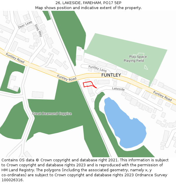 26, LAKESIDE, FAREHAM, PO17 5EP: Location map and indicative extent of plot