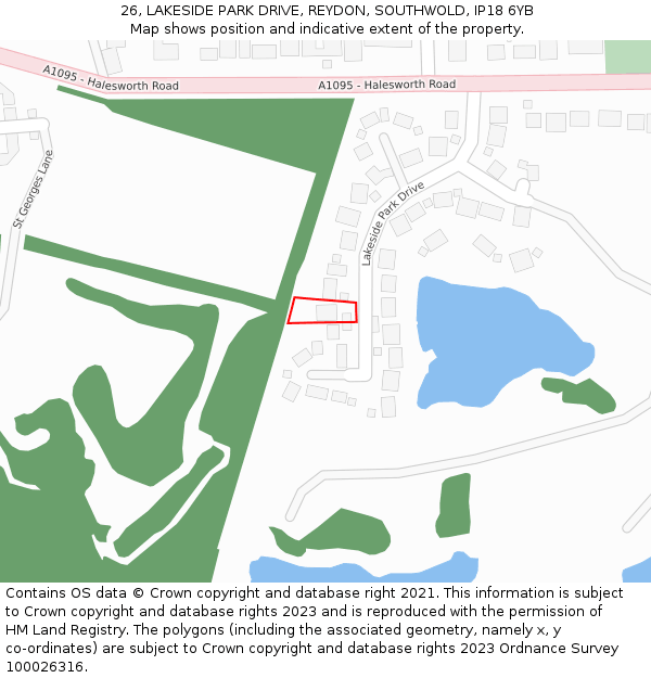 26, LAKESIDE PARK DRIVE, REYDON, SOUTHWOLD, IP18 6YB: Location map and indicative extent of plot