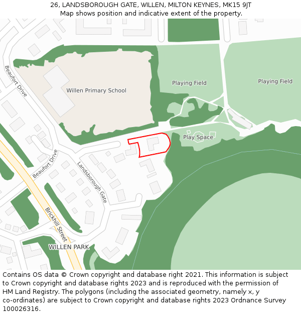 26, LANDSBOROUGH GATE, WILLEN, MILTON KEYNES, MK15 9JT: Location map and indicative extent of plot