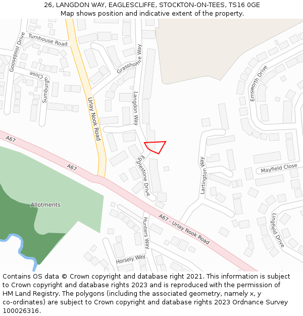26, LANGDON WAY, EAGLESCLIFFE, STOCKTON-ON-TEES, TS16 0GE: Location map and indicative extent of plot
