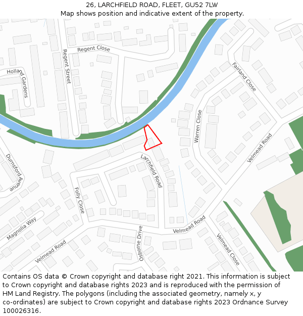 26, LARCHFIELD ROAD, FLEET, GU52 7LW: Location map and indicative extent of plot