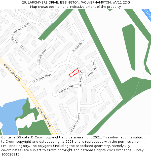 26, LARCHMERE DRIVE, ESSINGTON, WOLVERHAMPTON, WV11 2DG: Location map and indicative extent of plot