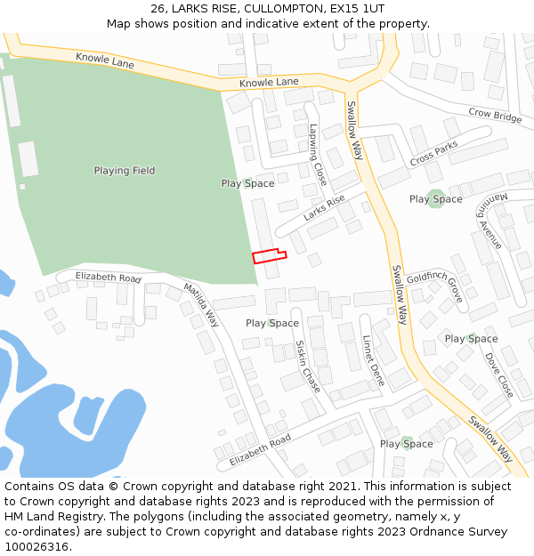 26, LARKS RISE, CULLOMPTON, EX15 1UT: Location map and indicative extent of plot