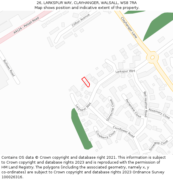 26, LARKSPUR WAY, CLAYHANGER, WALSALL, WS8 7RA: Location map and indicative extent of plot