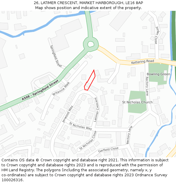 26, LATIMER CRESCENT, MARKET HARBOROUGH, LE16 8AP: Location map and indicative extent of plot