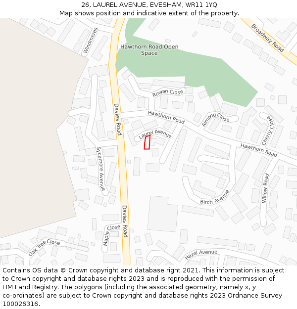 26, LAUREL AVENUE, EVESHAM, WR11 1YQ: Location map and indicative extent of plot