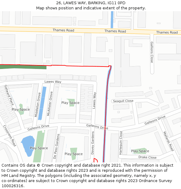 26, LAWES WAY, BARKING, IG11 0PD: Location map and indicative extent of plot