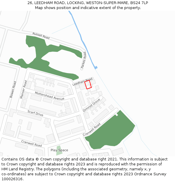 26, LEEDHAM ROAD, LOCKING, WESTON-SUPER-MARE, BS24 7LP: Location map and indicative extent of plot