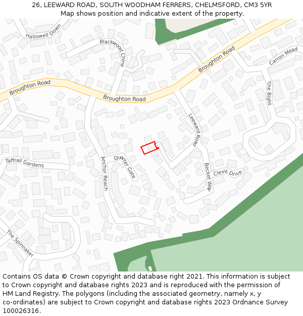 26, LEEWARD ROAD, SOUTH WOODHAM FERRERS, CHELMSFORD, CM3 5YR: Location map and indicative extent of plot