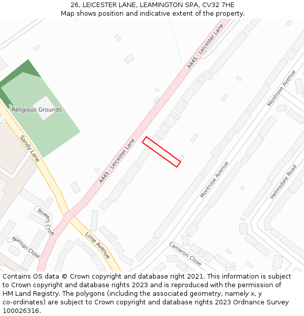 26, LEICESTER LANE, LEAMINGTON SPA, CV32 7HE: Location map and indicative extent of plot