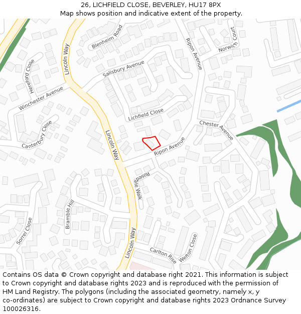 26, LICHFIELD CLOSE, BEVERLEY, HU17 8PX: Location map and indicative extent of plot