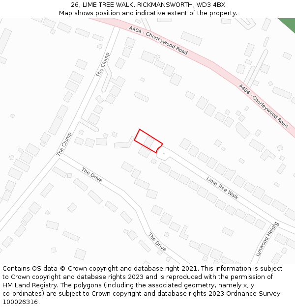 26, LIME TREE WALK, RICKMANSWORTH, WD3 4BX: Location map and indicative extent of plot