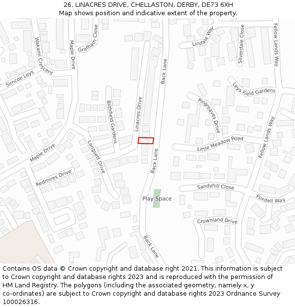 26, LINACRES DRIVE, CHELLASTON, DERBY, DE73 6XH: Location map and indicative extent of plot