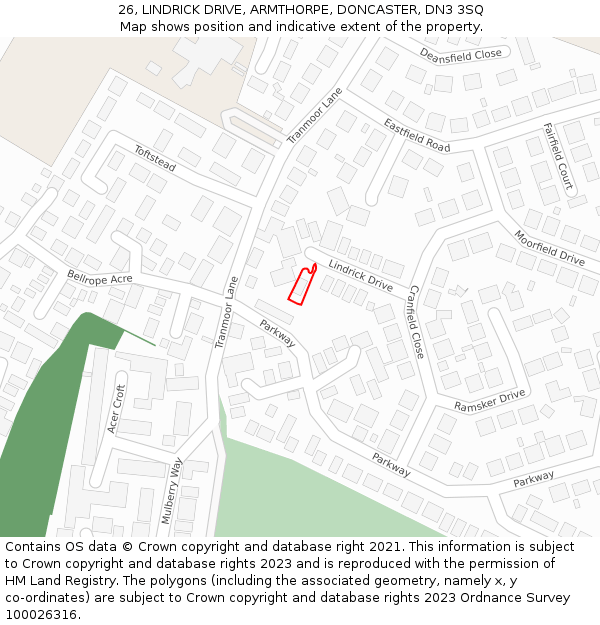 26, LINDRICK DRIVE, ARMTHORPE, DONCASTER, DN3 3SQ: Location map and indicative extent of plot