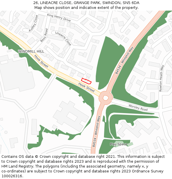 26, LINEACRE CLOSE, GRANGE PARK, SWINDON, SN5 6DA: Location map and indicative extent of plot