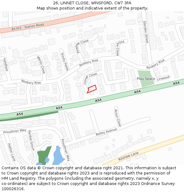 26, LINNET CLOSE, WINSFORD, CW7 3FA: Location map and indicative extent of plot