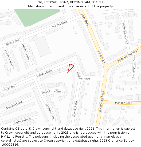 26, LISTOWEL ROAD, BIRMINGHAM, B14 6HJ: Location map and indicative extent of plot