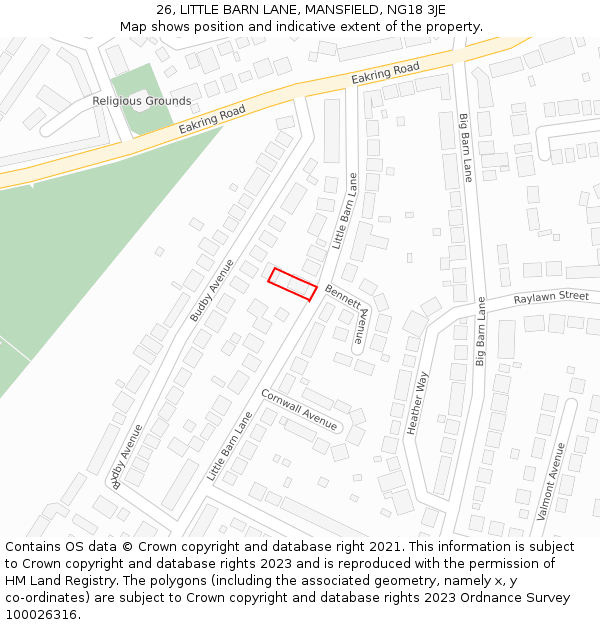 26, LITTLE BARN LANE, MANSFIELD, NG18 3JE: Location map and indicative extent of plot