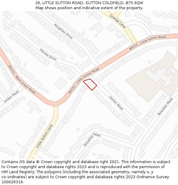 26, LITTLE SUTTON ROAD, SUTTON COLDFIELD, B75 6QW: Location map and indicative extent of plot