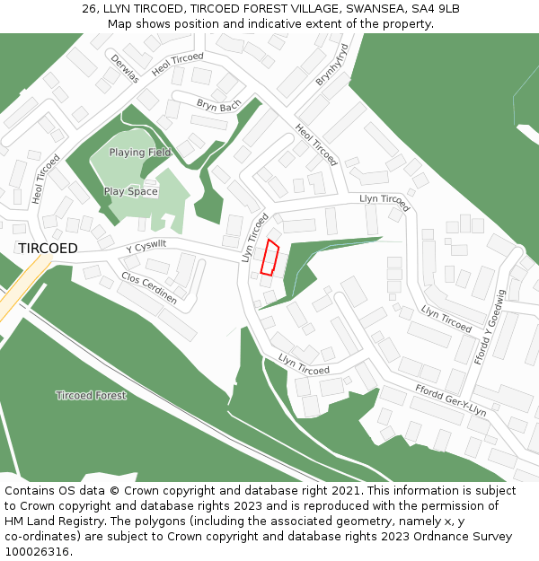 26, LLYN TIRCOED, TIRCOED FOREST VILLAGE, SWANSEA, SA4 9LB: Location map and indicative extent of plot