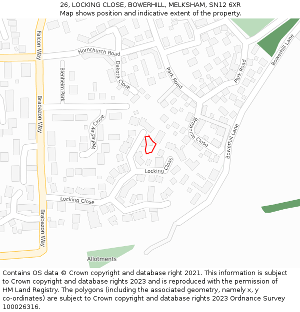 26, LOCKING CLOSE, BOWERHILL, MELKSHAM, SN12 6XR: Location map and indicative extent of plot