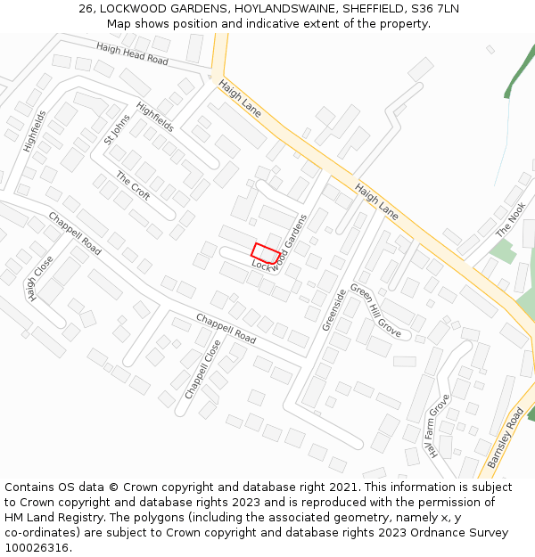 26, LOCKWOOD GARDENS, HOYLANDSWAINE, SHEFFIELD, S36 7LN: Location map and indicative extent of plot