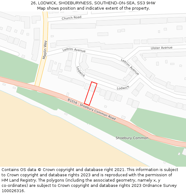 26, LODWICK, SHOEBURYNESS, SOUTHEND-ON-SEA, SS3 9HW: Location map and indicative extent of plot