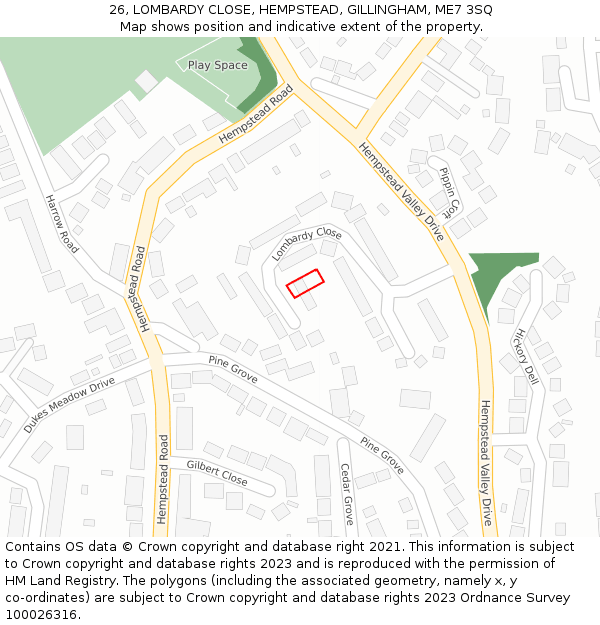 26, LOMBARDY CLOSE, HEMPSTEAD, GILLINGHAM, ME7 3SQ: Location map and indicative extent of plot
