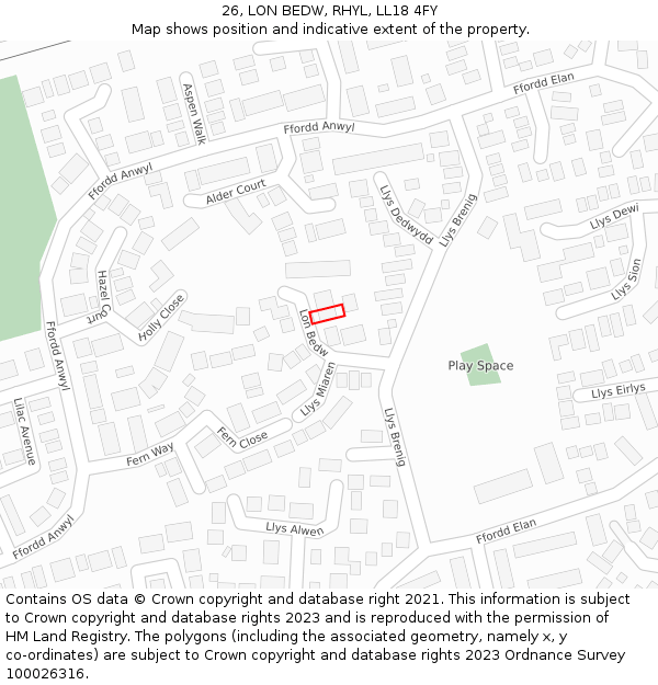 26, LON BEDW, RHYL, LL18 4FY: Location map and indicative extent of plot