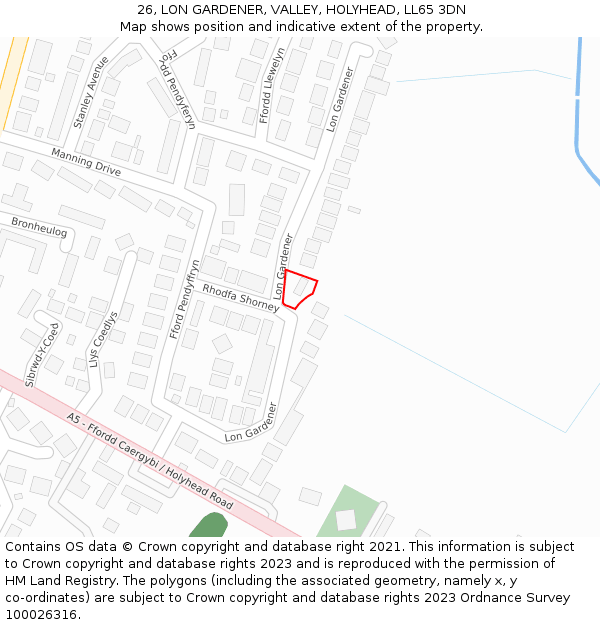26, LON GARDENER, VALLEY, HOLYHEAD, LL65 3DN: Location map and indicative extent of plot
