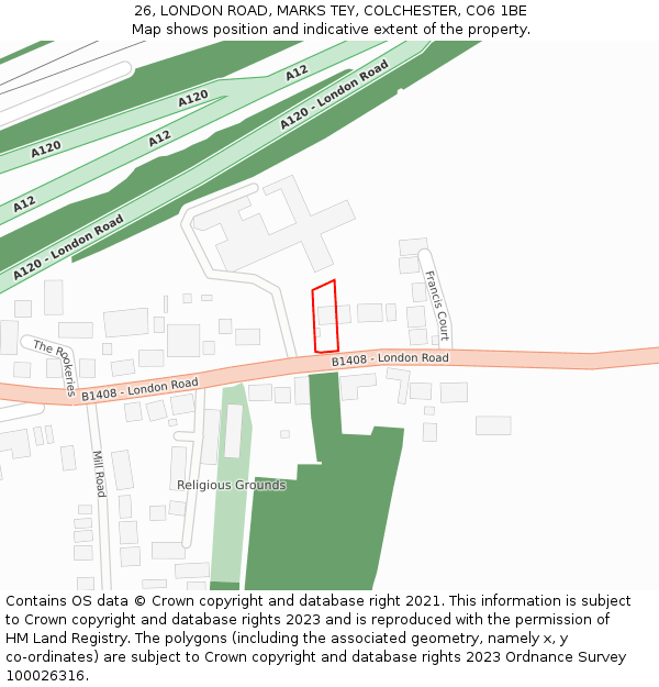 26, LONDON ROAD, MARKS TEY, COLCHESTER, CO6 1BE: Location map and indicative extent of plot